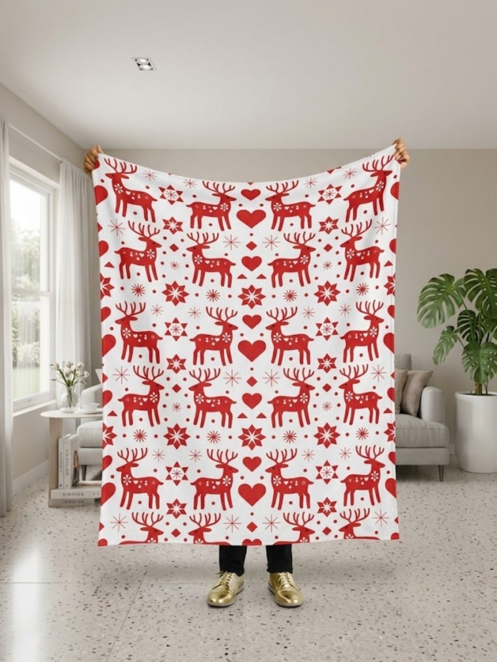 Festive Red Reindeer Holiday Blanket